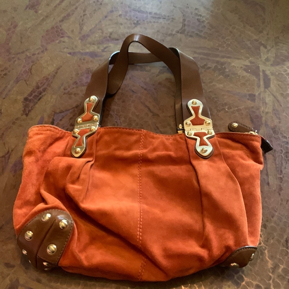 EUC Orange suede and brown leather Michael Kors purse with gold hardware.